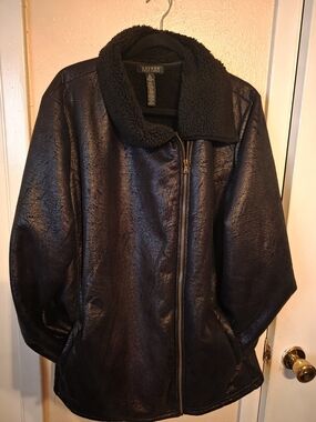 Lauren Ralph Lauren Black Faux Leather Sherpa Moto Jacket 2X